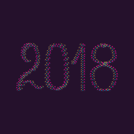 Colorful line numbers New Year 2018 with outline of star on dark background. Greeting card. Colorful template for prints, banner, wrapping, etc. Vector illustrationのイラスト素材