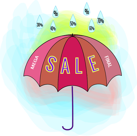 Mega SALE banner. Large banner for advertising. Colorful umbrella on color background. Offer discount on sale on market. Selling offer. Big banner for advertising. Design element. Vector illustrationのイラスト素材