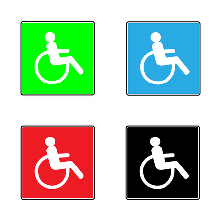 Disabled sign in square set. Mark disability. Icon a place open passage. Symbol paralyzed and human on wheelchair. Safety person warning handicapped illustration. Design element. Vector illustrationのイラスト素材