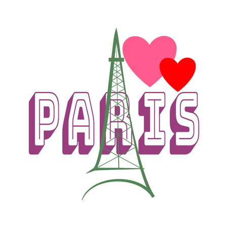 T shirt typography graphic with quote Paris. Fashion print for sports wear. Template for t shirt, apparel, card, poster. Eiffel Tower and heart as symbol of love. Design element. Vector illustrationのイラスト素材