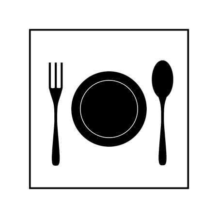 Food sign in white square. Silhouette cutlery in square. Sign meal on white background. Label quickly dinner.のイラスト素材