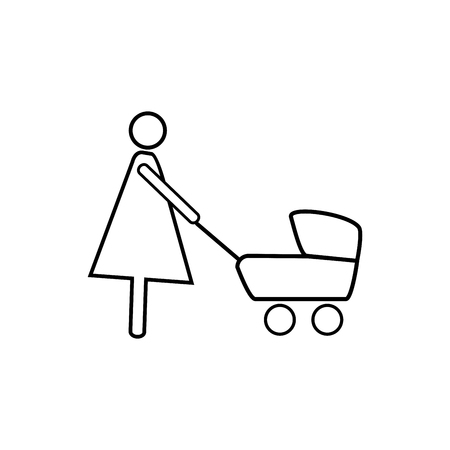 Silhouette mother and baby in stroller in black square. Icon carriage infant. Signboard motherhood and love of child. Template for banner and mark. Flat design image element. Vector illustration.のイラスト素材