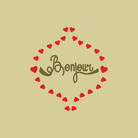 Lettering bonjour and heart on olive background. Fashion graphic background design. Modern stylish abstract texture. Colorful template for prints, textiles, wrapping, poster, card. Vector illustrationのイラスト素材