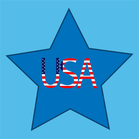 USA sign on blue star. Isolated icon on blue background. Flat vector image. Colorful template for badge, tag, etc. Design element. Vector illustration.のイラスト素材