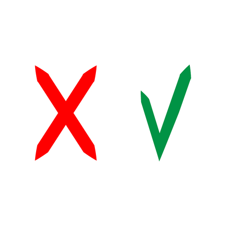 Tick and cross sign isolated on white background. Green tick and red cross sign.のイラスト素材