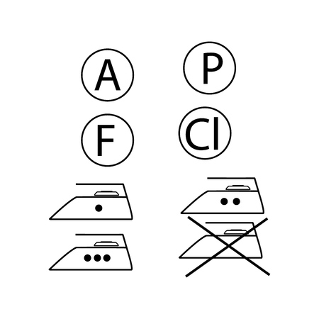 Care of clothes label. Flatiron silhouette set. Information for industry. Instruction for man and laundry about washing, dress, bed linen. Monochrome sticker template for prints. Vector illustrationのイラスト素材