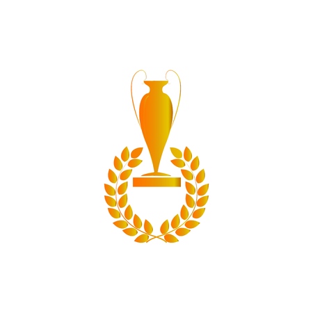 Gold cup and laurel award. Modern symbol of victory, award achievement sport. Insignia ceremony awarding of winner tournament. Colorful template for badge, tag. Design element. Vector illustrationのイラスト素材