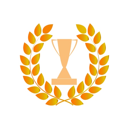 Gold cup and laurel award. Gold laurel wreath around cupachievement sport. Insignia ceremony awarding of winner tournament. Colorful template for badge, tag,banner. Design element. Vector illustrationのイラスト素材