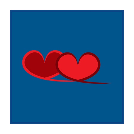 Heart two sign. Red card on blue square. Romantic silhouette linked, join, love, passion and wedding. Template for t shirt, card, poster of valentine day. Design element. Vector illustrationのイラスト素材