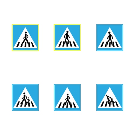 Crosswalk sign black in blue square set. Icon a pedestrian place for child near school. Symbol safety traffic human on road. Label for banner about crossing way. Design element. Vector illustrationのイラスト素材