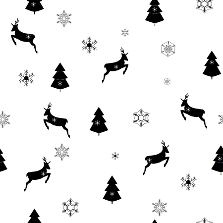 Black christmas tree and deer seamless pattern. Fashion graphic background design. Modern stylish abstract texture. Monochrome template for prints, textiles, wrapping, wallpaper. Vector illustrationのイラスト素材