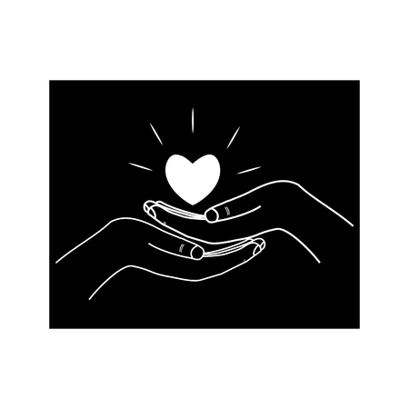 Hearts in two palms on black background sign. Modern symbol linked, join, love, passion and wedding. Template for t shirt, apparel, card, poster, valentine day. Design element. Vector illustrationのイラスト素材