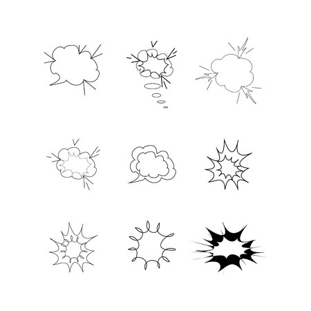 Comics for sound speech effect bubbles isolated on white background illustration. Monochrome silhouette frame for inscriptions. Humorous bubbles comic set for cloud speech. Vector illustration.のイラスト素材