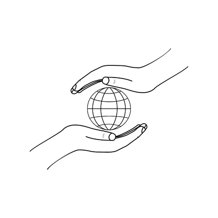 Globe on palms on white background sign. Modern symbol for security Earth, protection environment, planet. Template for logo, label, poster, t shirt, etc. Design element. Vector illustrationのイラスト素材