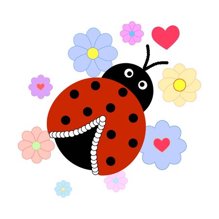 Ladybird in flower card. Illustration ladybug. Cute colorful sign red insect symbol spring, summer, garden. Template for t shirt, apparel, card, poster, etc. Design element Vector illustrationのイラスト素材