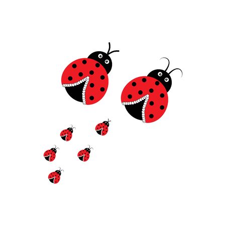 Ladybird family in square card. Illustration ladybug. Cute colorful sign red insect symbol spring, summer, garden. Template for t shirt, apparel, card, poster, etc. Design element Vector illustrationのイラスト素材