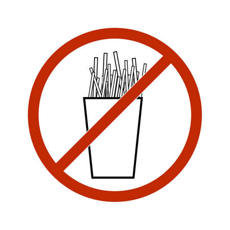 No food and drink sign. Silhouette hamburger in red circle. Sign no meal on white background. Label no eating. Symbol forbidden fast food for poster, banner. Mark warning. Flat vector illustrationのイラスト素材