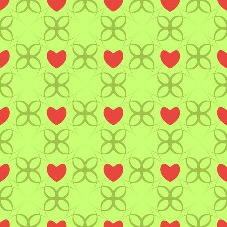 Red heart on green seamless pattern. Fashion graphic background design. Abstract texture of valentines day. Colorful template for prints, textiles, wrapping, wallpaper, website etc. Vector illustrationのイラスト素材