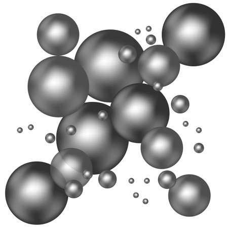 Black chaotic balls on a white background. Soap light water bubble collection of illustration. Monochrome template for printed. Design element. Vector illustrationのイラスト素材
