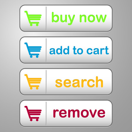 collection of four colored buttons with text buy now, add to cart, search and removeのイラスト素材
