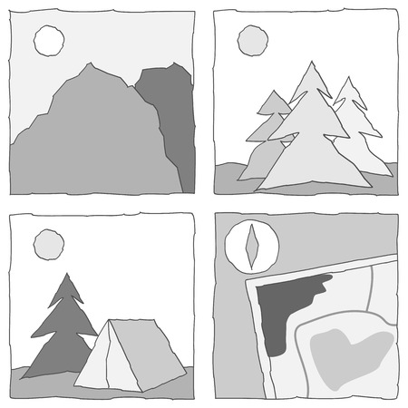  black and white icons with outdoor activity (mountain, tree, camping, map). Vector illustration.のイラスト素材