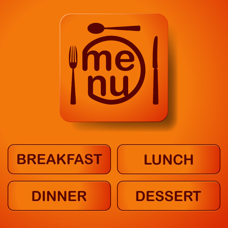 Orange buttons with text menu, breakfast, lunch, dessert and dinner. Vector illustration.のイラスト素材