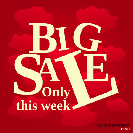 Yellow red colored poster with text big sale only this week on the clouds background. Vector illustration.のイラスト素材