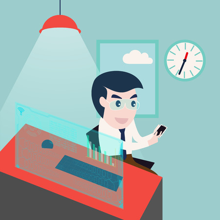 businessman using smartphone and computer desktopのイラスト素材