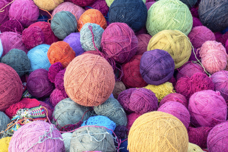 colorful wool yarn silk balls for weaving  knitting  fabrics in cusco, peruの写真素材