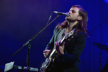 PRAGUE, CZECH REPUBLIC - MAY 20, 2016: Singer and banjoist Winston Marshall of Mumford and Sons During a performance in Prague, Czech Republic, May 20, 2016.のeditorial素材
