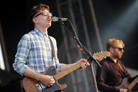 Hradec Kralove, CZECH REPUBLIC - JULY 4, 2012: Singer Alex Kapranos (left) of Franz Ferdinand During a performance at Rock for People festival in Hradec Kralove, Czech Republic, July 4, 2012.のeditorial素材