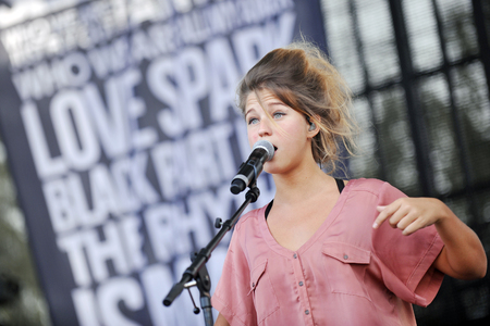 Hradec Kralove, CZECH REPUBLIC - JULY 5, 2012: Belgian singer and songwriter Sanne Putseys alias Selah Sue Games During a performance at Rock for People festival in Hradec Kralove, Czech Republic, July 5, 2012.のeditorial素材