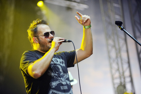 Hradec Kralove, CZECH REPUBLIC - JULY 2, 2013: The popular Czech singer Ondrej Ladek alias Xindl X During His performance at Rock for People festival in Hradec Kralove, Czech Republic, July 2, 2013.のeditorial素材