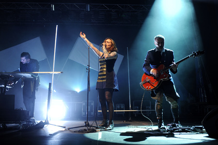 Hradec Kralove, CZECH REPUBLIC - JULY 5, 2014: Singer Amina (in the middle) of Kadebostany band During a performance at Rock for People festival in Hradec Kralove, Czech Republic, July 5, 2014.のeditorial素材