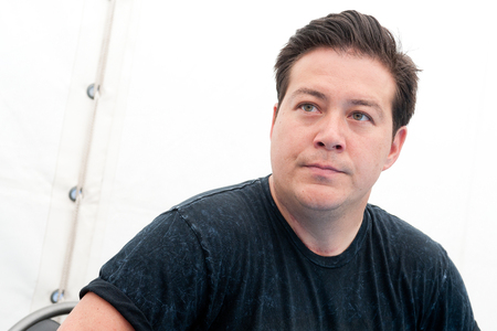 Hradec Kralove, CZECH REPUBLIC - JUNE 6, 2015: Violinist Sean Mackin of Yellowcard During an interview at Rock for People festival in Hradec Kralove, Czech Republic, June 6, 2015.のeditorial素材