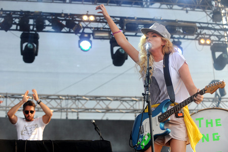PILSEN, CZECH REPUBLIC - JULY 5, 2015: Jules De Martino (left) and Katie White (right) of The Ting Tings During a performance at the festival Rock for People in Europe Pilsen, Czech Republic, July 5, 2015.のeditorial素材