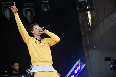 PRAGUE, CZECH REPUBLIC - JUNE 11, 2017: Rapper Machine Gun Kelly during his performance at the Aerodrome festival in Prague, Czech Republic, June 11, 2017.のeditorial素材