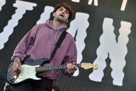 Singer and guitarist Mike Duce of Lower Than Atlantis during performance at festival Rock for People in Hradec Kralove, Czech republic, July 6, 2017.のeditorial素材