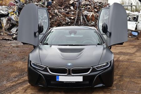 BEROUN, CZECH REPUBLIC - NOVEMBER 2, 2017: Black electric hybrid car BMW i8 in Beroun, Czech republic, November 2, 2017.のeditorial素材