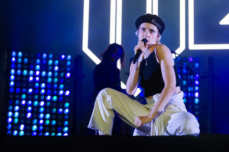PANENSKY TYNEC, CZECH REPUBLIC - JUNE 28, 2018: Singer Karen Marie Aagaard Orsted Andersen alias MO during performance at Aerodrome festival in Panensky Tynec, Czech Republic, June 28, 2018.のeditorial素材