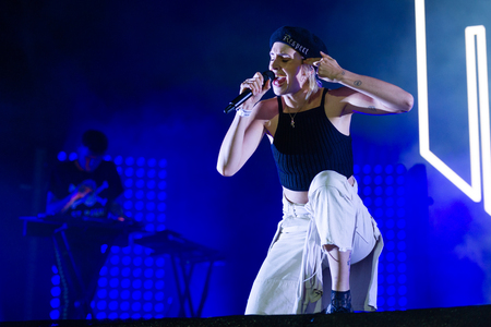 PANENSKY TYNEC, CZECH REPUBLIC - JUNE 28, 2018: Singer Karen Marie Aagaard Orsted Andersen alias MO during performance at Aerodrome festival in Panensky Tynec, Czech Republic, June 28, 2018.のeditorial素材