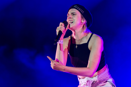 PANENSKY TYNEC, CZECH REPUBLIC - JUNE 28, 2018: Singer Karen Marie Aagaard Orsted Andersen alias MO during performance at Aerodrome festival in Panensky Tynec, Czech Republic, June 28, 2018.のeditorial素材