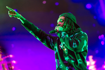 PANENSKY TYNEC, CZECH REPUBLIC - JUNE 28, 2018: American rapper Wiz Khalifa during his performance at Aerodrome festival in Panensky Tynec, Czech Republic, June 28, 2018.のeditorial素材