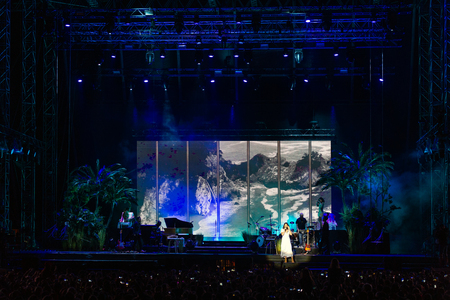PANENSKY TYNEC, CZECH REPUBLIC - JUNE 29, 2018: Famous American singer Lana Del Rey during her performance at Aerodrome festival in Panensky Tynec, Czech Republic, June 29, 2018.のeditorial素材