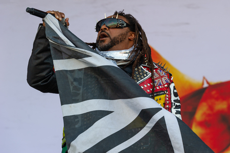 PANENSKY TYNEC, CZECH REPUBLIC - JUNE 30, 2018: Singer Benji Webbe of Skindred during performance at Aerodrome festival in Panensky Tynec, Czech republic, June 30, 2018.のeditorial素材
