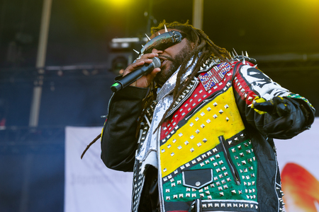 PANENSKY TYNEC, CZECH REPUBLIC - JUNE 30, 2018: Singer Benji Webbe of Skindred during performance at Aerodrome festival in Panensky Tynec, Czech republic, June 30, 2018.のeditorial素材