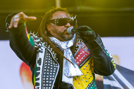 PANENSKY TYNEC, CZECH REPUBLIC - JUNE 30, 2018: Singer Benji Webbe of Skindred during performance at Aerodrome festival in Panensky Tynec, Czech republic, June 30, 2018.のeditorial素材