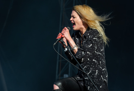 PANENSKY TYNEC, CZECH REPUBLIC - JUNE 30, 2018: Singer Alison Mosshart of The Kills during performance at Aerodrome festival in Panensky Tynec, Czech Republic, June 30, 2018.のeditorial素材