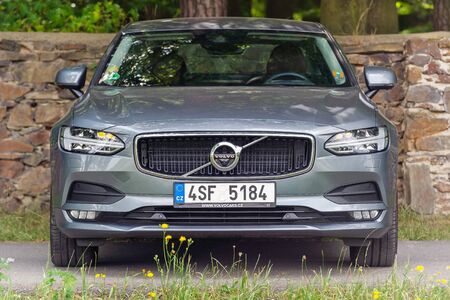 PRUHONICE, CZECH REPUBLIC - JULY 9, 2018: Silver Volvo S90 D5 in Pruhonice, Czech Republic, July 9, 2018.のeditorial素材