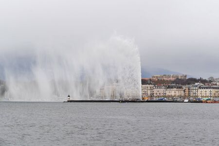 Famous fountain Jet d'Eau in Geneva Lake, Switzerlandの写真素材